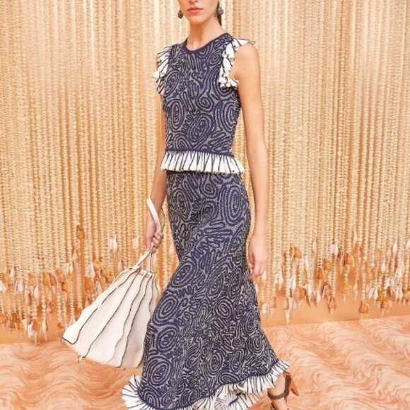 NWOT ULLA JOHNSON Emmeline Ruffled Crewneck Jacquard Knit Top in Ink P $390 - Picture 6 of 12